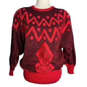 Vintage 80s Wool Sweater L Pink Blue Pullover Shoulder Pads Dolman Sleeve